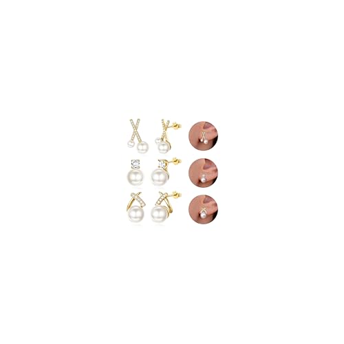 Diamday 3 Paar Perlen Ohrringe Silber 925 Creolen Ohrstecker Perlenohrringe Hängend Ohrringe Gold Set Hypoallergene Perlen Ohrstecker Silber 925 Perlenohrringe für Damen Mädchen Schmuck Geschenk von Diamday