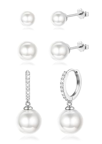 Diamday 3 Paar Perlen Ohrringe Silber 925 Creolen Ohrstecker Perlenohrringe Hängend Ohrringe Gold Set Hypoallergene Perlen Ohrstecker Silber 925 Perlenohrringe für Damen Mädchen Schmuck Geschenk von Diamday