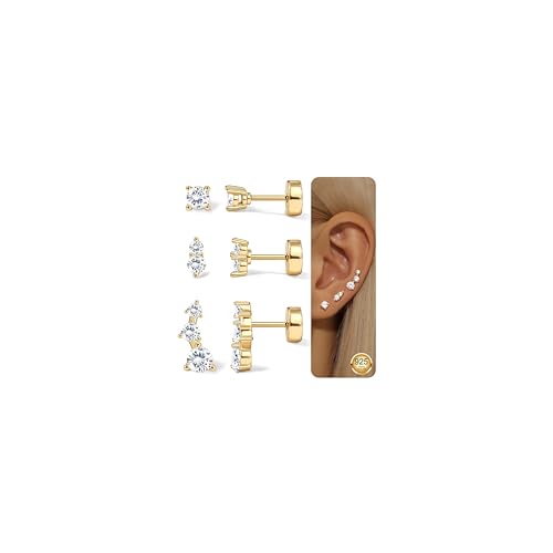 Diamday 3 Paare Ohrringe Silber 925, Ohrstecker Silber Gold 925 Damen, CZ Flatback Ohrstecker Helix Piercings Ohr Gold Piercing Set für mehrere Piercings von Diamday