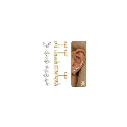 Diamday 3 Paare Ohrringe Silber 925, Ohrstecker Silber Gold 925 Damen, CZ Flatback Ohrstecker Helix Piercings Ohr Gold Piercing Set für mehrere Piercings von Diamday