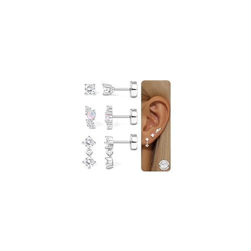 Diamday 3 Paare Ohrringe Silber 925, Ohrstecker Silber Gold 925 Damen, CZ Flatback Ohrstecker Helix Piercings Ohr Gold Piercing Set für mehrere Piercings von Diamday