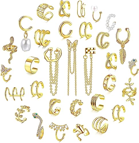 Diamday 32Stück Ear Cuff Set Ohrmanschette Ohrringe Clip auf Wickelohrring Nicht Piercing Knorpel Manschette Kette Ohrringe Ohrklemme für Damen Einstellbar Schlange Schmetterling Ohr Cuffs Gold von Diamday