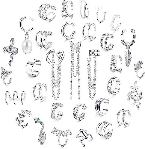 Diamday 32Stück Ear Cuff Set Ohrmanschette Ohrringe Clip auf Wickelohrring Nicht Piercing Knorpel Manschette Kette Ohrringe Ohrklemme für Damen Einstellbar Schlange Schmetterling Ohr Cuffs Silber von Diamday