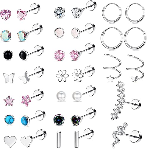 Diamday 36 Stück Edelstahl-Ohrstecker für Frauen Männer CZ Herz Stern Schlange flach zurück Ohrringe Hypoallergene Knorpel Ohrringe Stud Hoops Helix Tragus Daith Ohrringe Piercing Schmuck von Diamday