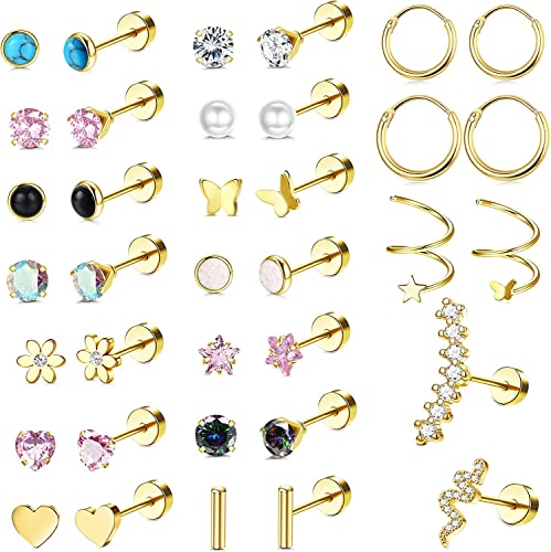 Diamday 36 Stück Edelstahl-Ohrstecker für Frauen Männer CZ Herz Stern Schlange flach zurück Ohrringe Hypoallergene Knorpel Ohrringe Stud Hoops Helix Tragus Daith Ohrringe Piercing Schmuck von Diamday