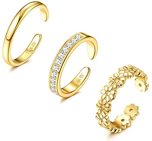 Diamday 3PCS 14K Gold Gefüllte Zehenringe für Damen Verstellbarer Gold Zehenring Set Offenes Band Einfache CZ Gänseblümchen Blume Zehe Ringe Hawaiian Summer Beach Fußschmuck für Damen von Diamday