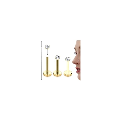 Diamday 3stk G23 Titan Nasenpiercing Helix Piercings 16G 18G 20G Tragus Conch Labret Piercing Lippenpiercing Hypoallergen Piercing Ohr Gold Silber Nasenpiercing Stecker für Damen Herren von Diamday