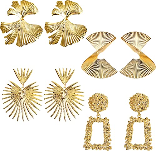 Diamday 4 Paare Gold Statement Ohrringe Stud für Frauen Übertriebene Geometrische Ohrringe Baumeln Stilvoll Ginkgo Blatt Herz Rechteckige Tropfen Ohrringe Große Metallic Anhänger Ohrringe Set Mädchen von Diamday