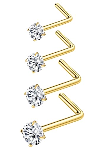 Diamday 4 Stück 20G Nasenstecker L-Form Nasenringe Edelstahl Nasenpiercing Stift Gebogen Ohrstecker Ringe Hypoallergen Nase Nostril Piercing für Frauen Männer 1.5mm 2mm 2.5mm 3mm Gold von Diamday