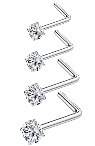 Diamday 4 Stück 20G Nasenstecker L-Form Nasenringe Edelstahl Nasenpiercing Stift Gebogen Ohrstecker Ringe Hypoallergen Nase Nostril Piercing für Frauen Männer 1.5mm 2mm 2.5mm 3mm Silber von Diamday