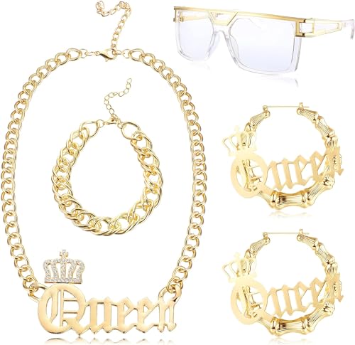 Diamday 4PCS 80er/90er Jahre Hip Hop Kostüm Set Fancy Dress für Damen Herren Falsche Goldkette Halskette Armbänder Rapper DJ Punk Hippie Sonnenbrille Ohrringe Rapper Modeschmuck von Diamday