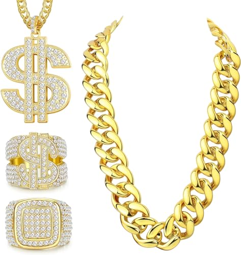 Diamday 4PCS 80er/90er Jahre Hip Hop Kostüme Outfits für Damen Herren Rapper Falsche Goldkette Dollarzeichen Halskette Dollarzeichen Fingerring DJ Punk Iced Out Ring Hippie Kostüm Kit Rapper Zubehör von Diamday