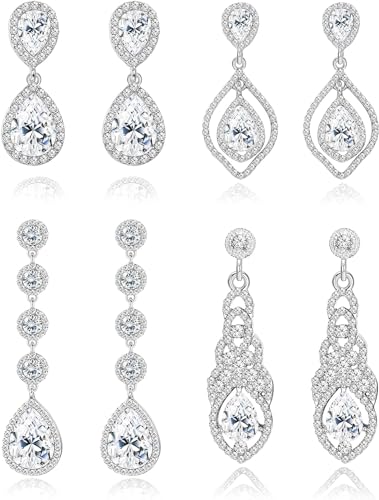 Diamday 4Paare Silber Elegante Teardrop Ohrringe für Brautjungfern Bräute Hochzeit Kronleuchter Quaste Ohrringe für Damen Leichtgewicht Strass Lange Tropfen Ohrringe für Hochzeit Prom Party von Diamday