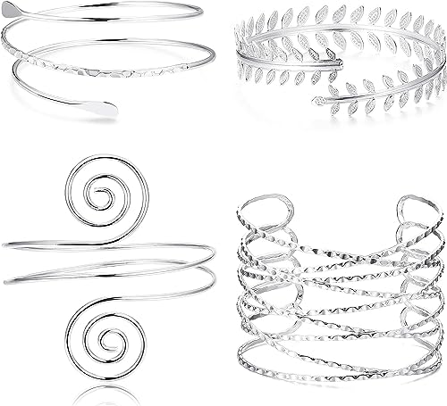 Diamday 4Pcs Oberarm Cuff Armband Armreif für Damen Verstellbares Glatt Offen Viktorianischer Filigraner Wirbel Boho Spiral Handgelenkwickel Minimalistischen Feder Blatt Manschetten Armband von Diamday