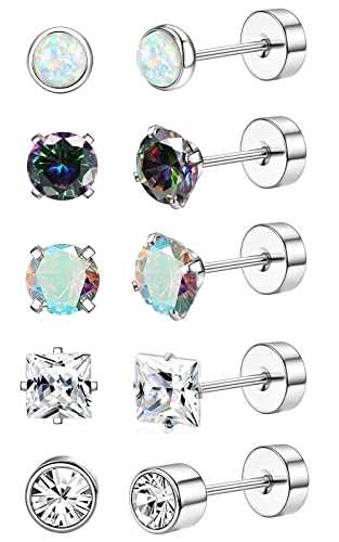 Diamday 5 Paar G23 Titan Ohrringe für Damen Männer Chirurgenstahl Hypoallergene Ohrstecker Knorpel Opal CZ Flache Ohrringe Set Schmuck Piercing Set von Diamday