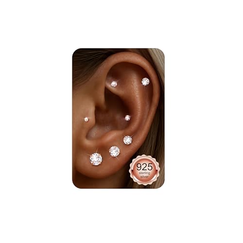 Diamday 5 Pairs Stud Earrings for Women Men 925 Sterling Silver Stud Earring 5A 2-6MM Round Cubic Zirconia Earring Gold/Silver/Rose Small Cartilage Earrings Helix for Multiple Piercings von Diamday