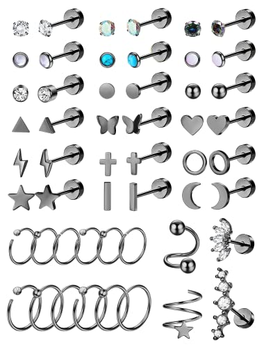 Diamday 52 Paar 20G Chirurgenstah Knorpel Ohrringe Ohrstecker Hoops Ohrringe mit Flachem Rücken für Frauen Männer Herz Schmetterling Stern Multipack Tragus Helix Piercing Schmuck Schwarz von Diamday