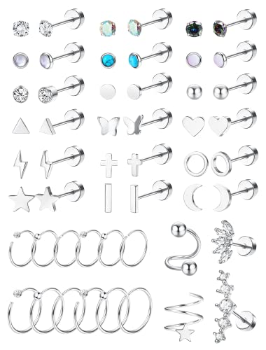 Diamday 52 Paar 20G Chirurgenstah Knorpel Ohrringe Ohrstecker Hoops Ohrringe mit Flachem Rücken für Frauen Männer Herz Schmetterling Stern Multipack Tragus Helix Piercing Schmuck Silber von Diamday