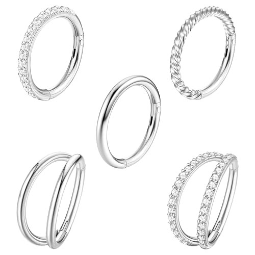 Diamday 5Pcs 18G 16G Surgical Steel Nose Rings Hoop for Women CZ Clicker Hinged Septum Ring Lip Helix Cartilage Double Hoop Earring Daith Rook Conch Body Piercing Jewelry for Women 8mm 10mm von Diamday
