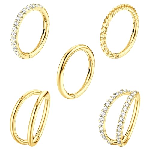 Diamday 5Pcs 18G 16G Surgical Steel Nose Rings Hoop for Women CZ Clicker Hinged Septum Ring Lip Helix Cartilage Double Hoop Earring Daith Rook Conch Body Piercing Jewelry for Women 8mm 10mm von Diamday