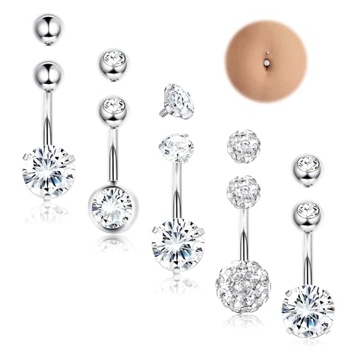 Diamday 5stk Bauchnabelpiercing für Damen 316L Chirurgenstahl Bauchnabelpiercing Ring CZ Herz Piercing Bauchnabel 14G Silber Barbell Clicker Bauch Piercing Nabel Bars Nabelring Piercing Schmuck 10mm von Diamday