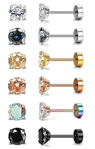 Diamday 6Pairs 20G Edelstahl Knorpel Ohrstecker für Frauen Männer Mädchen Tragus CZ flach zurück Schraube zurück Ohrring setzt Helix hypoallergen Ohr Piercing Schmuck D von Diamday