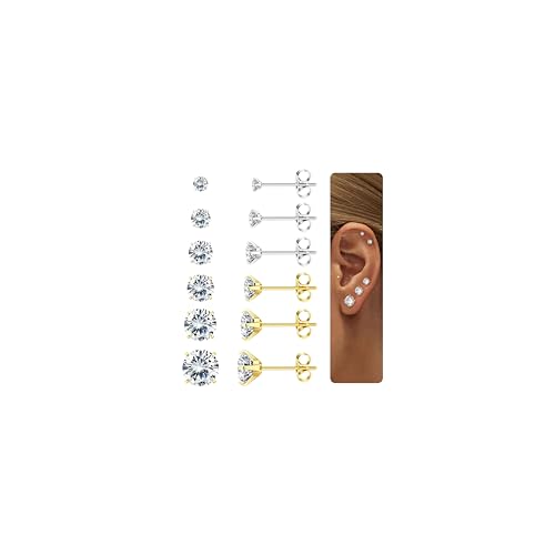 Diamday 6 Paar Ohrstecker Silber für Damen 5A Zirkonia Medizinische Ohrstecker Hypoallergen Ohrringe Set 316L Chirurgenstahl Piercing Ohr Gold Silber Ohrringe Stecker Tragus Knorpel Ohrpiercing von Diamday