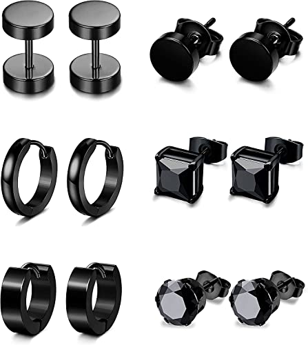 Diamday 6Paare Edelstahl Ohrstecker Schwarz Herren Damen Punk Ohrringe Runde Ohrstecker Fake Plugs Ohrringe Creolen Tunnel Ohrringe Knorpel Schraube Ohrstecker Hoop Ohrringe Huggie Barbell Piercing von Diamday