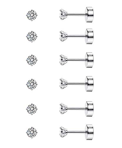 Diamday 6 Paare 20G Ohrstecker Knorpel Ohrring für Frauen Männer Mädchen 2-5mm flache Rückseite Ohrring Set 316L Chirurgenstahl Tragus CZ kleine Helix Piercing Schmuck hypoallergen Silber(2MM) von Diamday