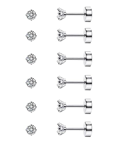 Diamday 6 Paare 20G Ohrstecker Knorpel Ohrring für Frauen Männer Mädchen 2-5mm flache Rückseite Ohrring Set 316L Chirurgenstahl Tragus CZ kleine Helix Piercing Schmuck hypoallergen Silber(3MM) von Diamday