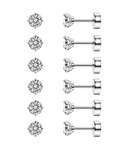 Diamday 6 Paare 20G Ohrstecker Knorpel Ohrring für Frauen Männer Mädchen 2-5mm flache Rückseite Ohrring Set 316L Chirurgenstahl Tragus CZ kleine Helix Piercing Schmuck hypoallergen Silber(4MM) von Diamday