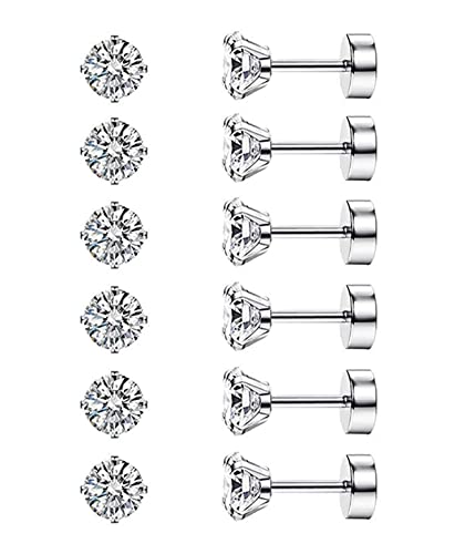 Diamday 6 Paare 20G Ohrstecker Knorpel Ohrring für Frauen Männer Mädchen 2-5mm flache Rückseite Ohrring Set 316L Chirurgenstahl Tragus CZ kleine Helix Piercing Schmuck hypoallergen Silber(5MM) von Diamday