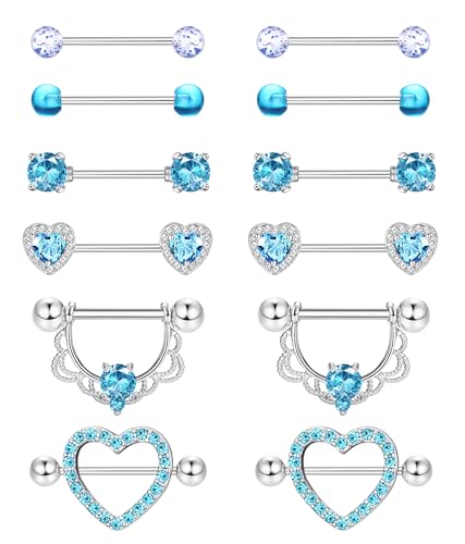 Diamday 6 Paare Nippelpiercing 316L Chirurgenstahl Brustwarzenpiercing 14G CZ Zungenpiercing Nipple Piercings für Damen Hypoallergen Herz Nipplerings Barbell Piercing Nipple Körperschmuck Set von Diamday
