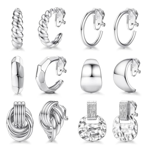 Diamday 6 Paare Ohrclips Clip Ohrringe Damen 18K Gold/Silver Clip Ohrringe Set Hypoallergen Tropfen Chunky Statement Geometrische Twist Runde Ohrringe Clips Kein Piercing Gefälschte Ohrringe von Diamday