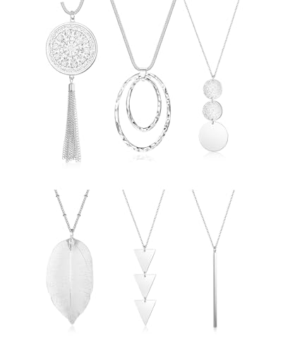 Diamday 6tlg Set Lange Ketten für Frauen Gold/Silber Y-Design Bar-Kreis-Blatt-Quaste Anhänger Boho Mode Schmuck von Diamday