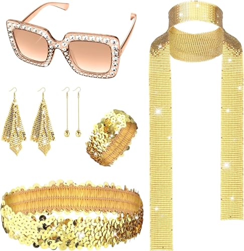 Diamday 6PCS 70s Disco Accessoires für Damen Kostümset Strassstein Dicker Rahmen Bling Sonnenbrille Langer Paillettenschal Ohrringe Stirnband Armband Kugel Ohrringe Retro Disco Party Outfit Schmuckset von Diamday