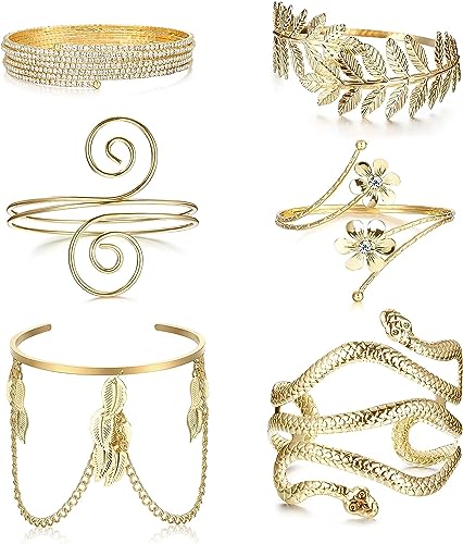 Diamday 6PCS Oberarmmanschetten Einstellbar Offen Gold Arm Armbänder Damen Griechische Göttin Spule Filigran Wirbel Blatt Boho Arm Armreif Set Minimalistisch Metall Manschette Armband Mode Schmuck von Diamday