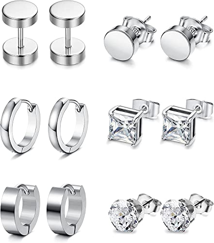 Diamday 6Paare Edelstahl Ohrstecker Schwarz Herren Damen Punk Ohrringe Runde Ohrstecker Fake Plugs Ohrringe Creolen Tunnel Ohrringe Knorpel Schraube Ohrstecker Hoop Ohrringe Huggie Barbell Piercing von Diamday