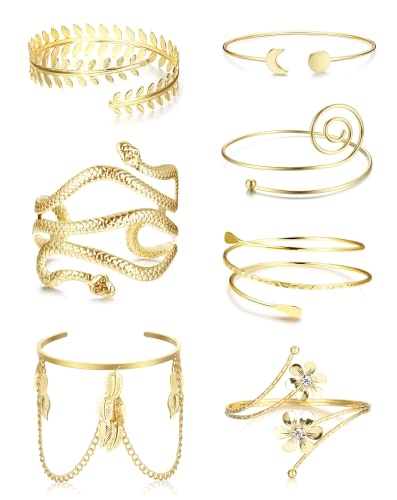 Diamday 7-8 STK Oberarmreif Gold Manschette Armband für Frauen Arm Armband Oberarm Band Armreif Minimalistisch Schlicht Verstellbar Griechische Armbinde Hochzeit Schmuck von Diamday