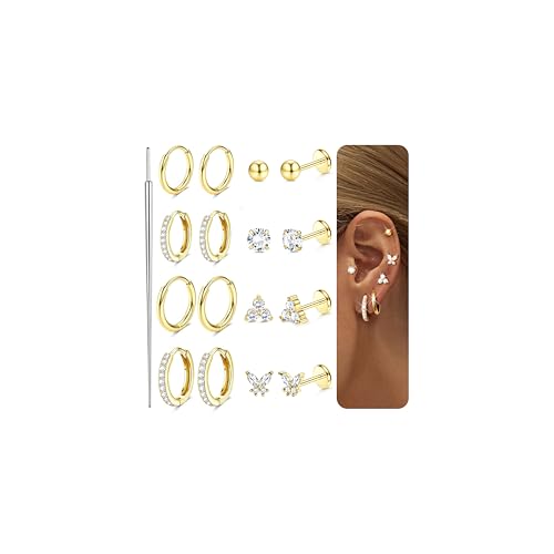 Diamday 8Paar Helix Piercings Chirurgenstahl Ohrringe Piercing Set Piercing Ohr Gold Silber Ohrringe Set Medizinische Ohrstecker Hypoallergen Nasenpiercing Labret Helix Tragus Conch Piercings Schmuck von Diamday