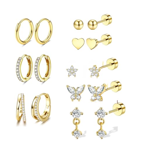 Diamday 8 Paar Ohrringe Gold Silber Chirurgenstahl Piercing Ohr Helix Piercings Ohrstecker Gold Medizinische Ohrstecker Hypoallergene Creolen Ohrringe Set Piercing Ohr Conch Tragus Helix Piercings Set von Diamday