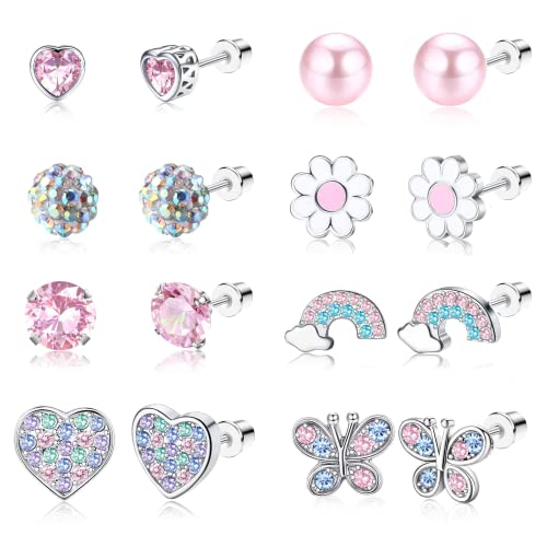 Diamday 8 Paar Ohrringe Set Ohrringe Mädchen Medizinische Ohrstecker CZ Ohrstecker Perle Kristall Herz Einhorn Schmetterling Ohrringe Kinder Kleine Ohrstecker Set für Teenager Kinder Kleinkind 1 von Diamday