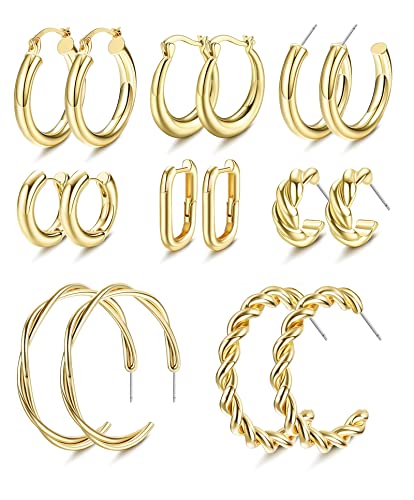 Diamday 8 Paare Ohrringe Set für Damen Mädchen Ohrringe Gold Creolen Twisted Huggie Ohrringe Set Chunky Creolen Groß für Frauen (Silber, Gold, Roségold) von Diamday