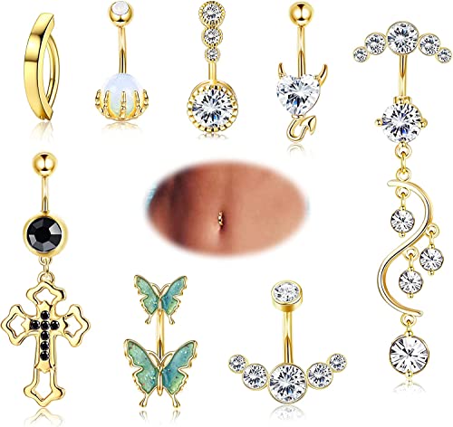 Diamday 8 Stück 14G Bauchnabel Piercing mit Baumeln CZ Bauchnabel Ringe Chirurgenstahl Nabel Barbells für Damen Trendy Schmetterling Dangly Bauchnabel Bars Körper Piercing Schmuck Set A Gold von Diamday