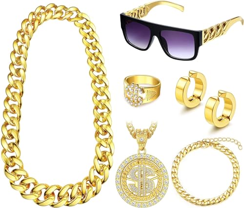 Diamday 80er 90er Jahre Hip Hop Kostüme Kit Outfits Herren Damen Falsche Goldkette Armbänder Rapper Dollar Zeichen Halskette Finger Ring DJ Punk Hippie Brille Clip on Ohrringe Fasching Cosplay Kostüm von Diamday