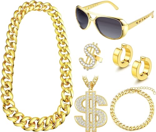 Diamday 80er 90er Jahre Hip Hop Kostüme Kit Outfits Herren Damen Falsche Goldkette Armbänder Rapper Dollar Zeichen Halskette Finger Ring DJ Punk Hippie Brille Clip on Ohrringe Fasching Cosplay Kostüm von Diamday