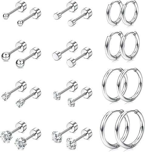 Diamday 12Paare Edelstahl Ohrringe Set für Mehrfachpiercing Hoop Creolen Ohrringe für Damen Herren Kleine Kugel CZ Flache Rückseite Ohrstecker Tragus Knorpel Helix Winzig Kleine Creolen Ohrreifen von Diamday