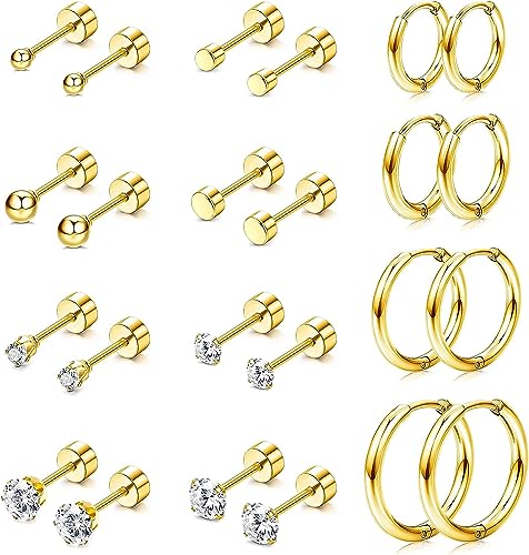 Diamday 12Paare Edelstahl Ohrringe Set für Mehrfachpiercing Hoop Creolen Ohrringe für Damen Herren Kleine Kugel CZ Flache Rückseite Ohrstecker Tragus Knorpel Helix Winzig Kleine Creolen Ohrreifen von Diamday