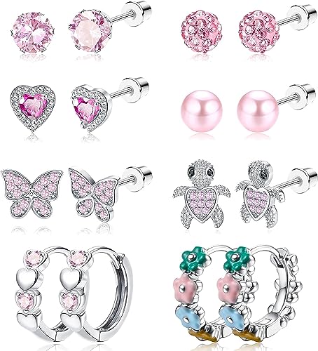 Diamday 8Paare Niedlich Screwback Ohrringe Ohrstecker Set für Damen Mädchen 316L Edelstahl Mehrfarbig CZ Peal Herz Blume Schmetterling Creolen Ohrringe Hypoallergen Kleine Schraubverschluss Ohrstecker von Diamday