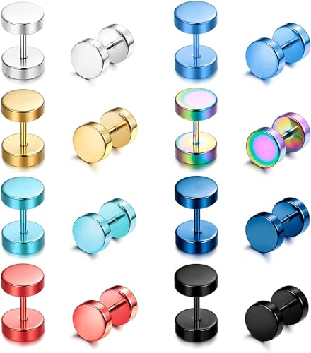 Diamday 8Paare Ohrstecker Edelstahl Für Herren Damen Fake Plugs Ohr Piercing Ohrringe Runde Tunnel Schraube Barbell Ohrstecker Punk Rock Creolen Ohrschmuck Regenbogen Schraubverschluss Ohrringe 8MM von Diamday